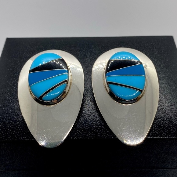 Sterling Silver Block Multi Stone Inlay Post Earrings SIGNED turquoise Navajo - Picture 2 of 16